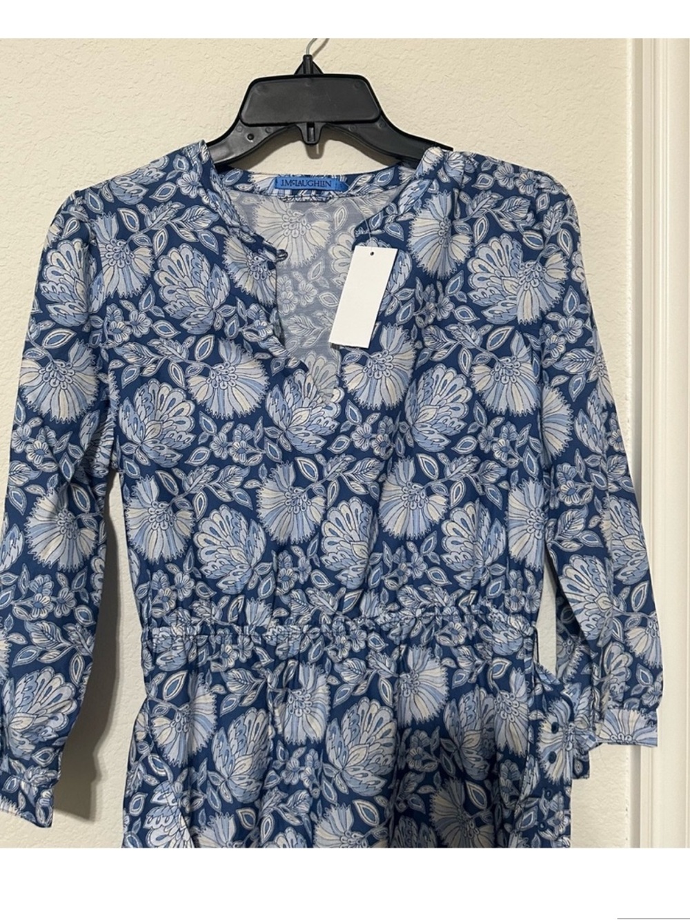 NWT J.McLaughlin Silk Cotton Floral Round Split V-Neck 3/4 Bishop Sleeve Dress - Picture 9 of 12